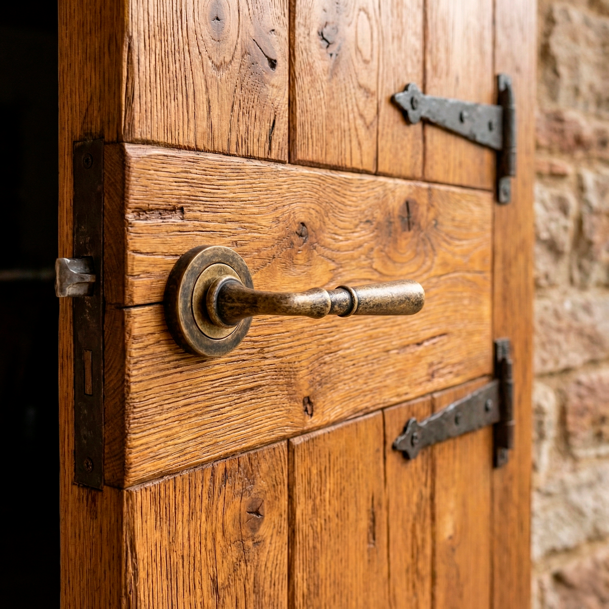 '507' model door handle with round rose in aged leather finish